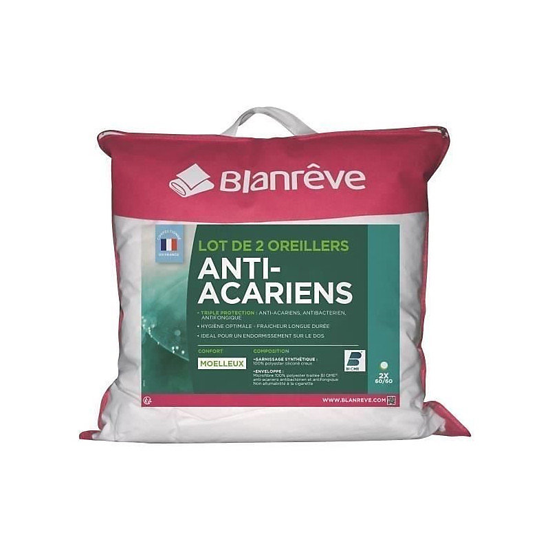 BLANREVE Lot de 2 Oreillers Triple Protection – 60 × 60 cm, Blanc