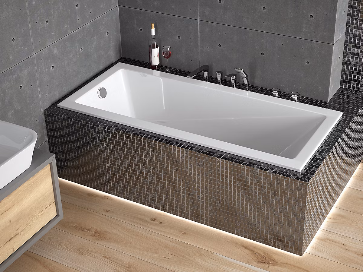 Baignoire rectangulaire 150 × 70 MODERN SLIM acrylique blanc + Habillage en polystyrène (4 cm) + Pieds + Vidage à chromé