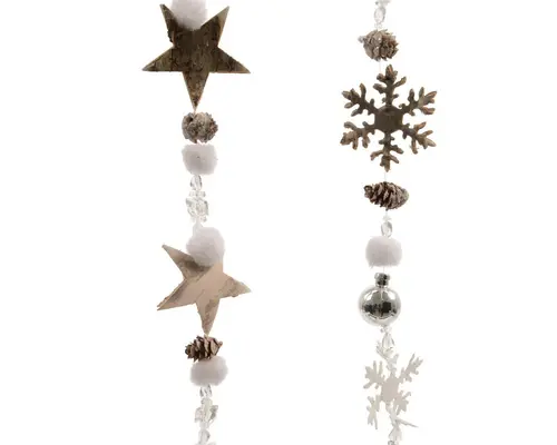 Guirlande de pommes de pin, perles et éléments en bois avec paillettes - 5 x 5 x 105 cm