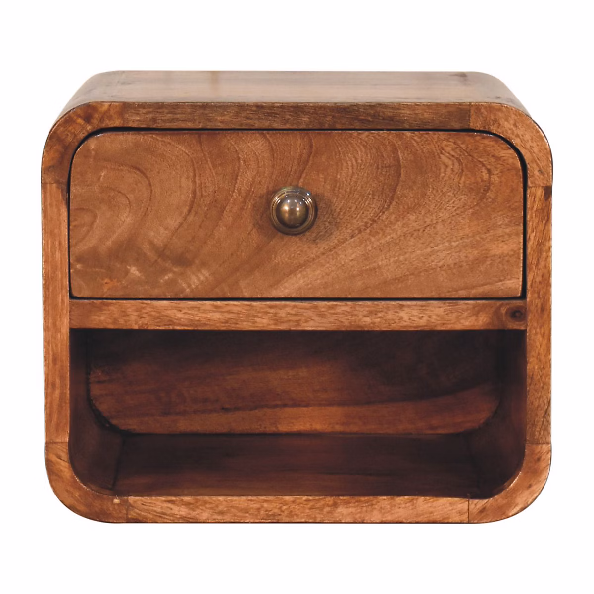 Artisan Furniture Bois massif Mini miel caramel table de chevet à fixation murale avec niche ouverte – 1 tiroir | marron