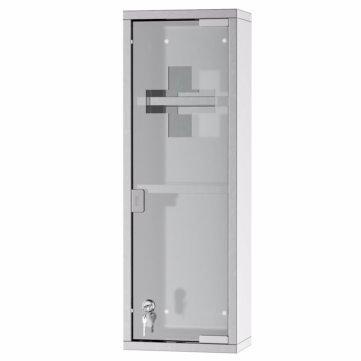 Armoire à pharmacie 2 étagères 3 niveaux 20L x 12l x 58H cm porte verre trempé symbole croix acier inox. – Réf. ZKDRFDUIK0900672430