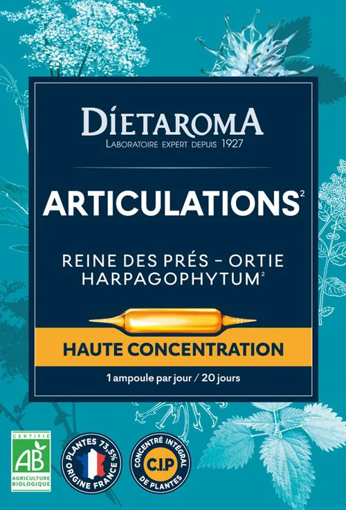 Complément alimentaire reine des prés, ortie, harpagophytum CIP bio Dietaroma articulations - 20 ampoules x 10 ml