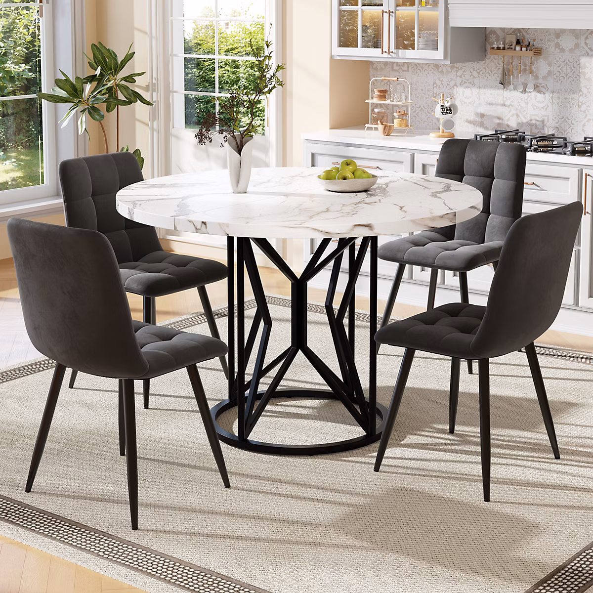 Ensemble table et chaises 100 × 100 × 76 cm avec 4 chaises velours – table carrée MDF effet marbre et pieds métal