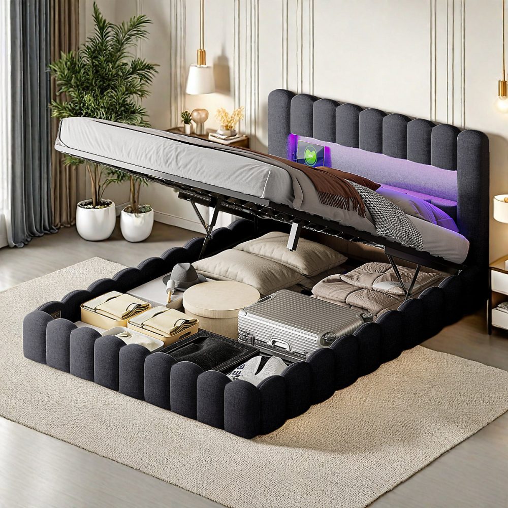 Cadre de lit double 160 × 200 cm gris – tissu lin, LED, rangement, tête de lit avec station de charge, sommier à lattes