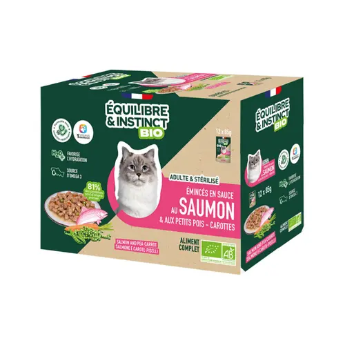 Aliment humide pour chat adulte bio saumon petits pois carottes Équilibre & Instinct - 12 x 85 g