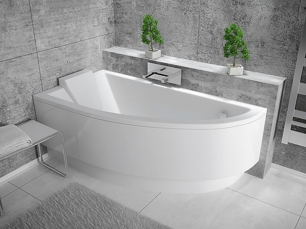 Baignoire asymétrique + tablier blanc + repose tête – PRAKTIKA, 140 × 70 cm, Gauche