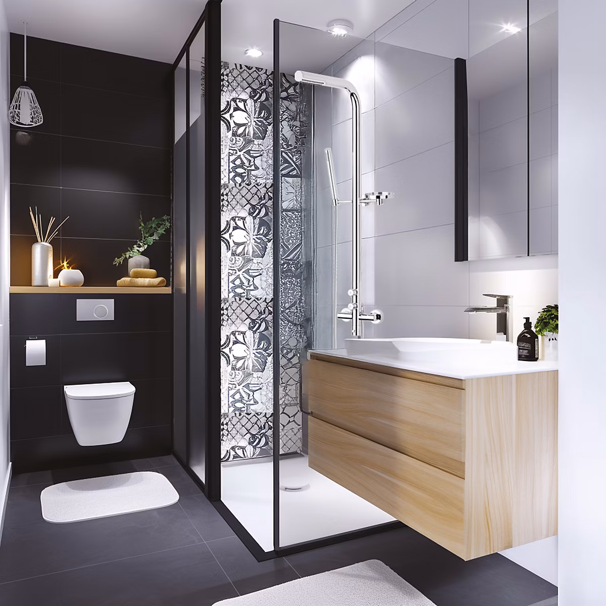 Colonne de douche thermostatique avec pomme de tête – douchette 1 jet et flexible, porte, savon, laiton chromé, Valentin Allure