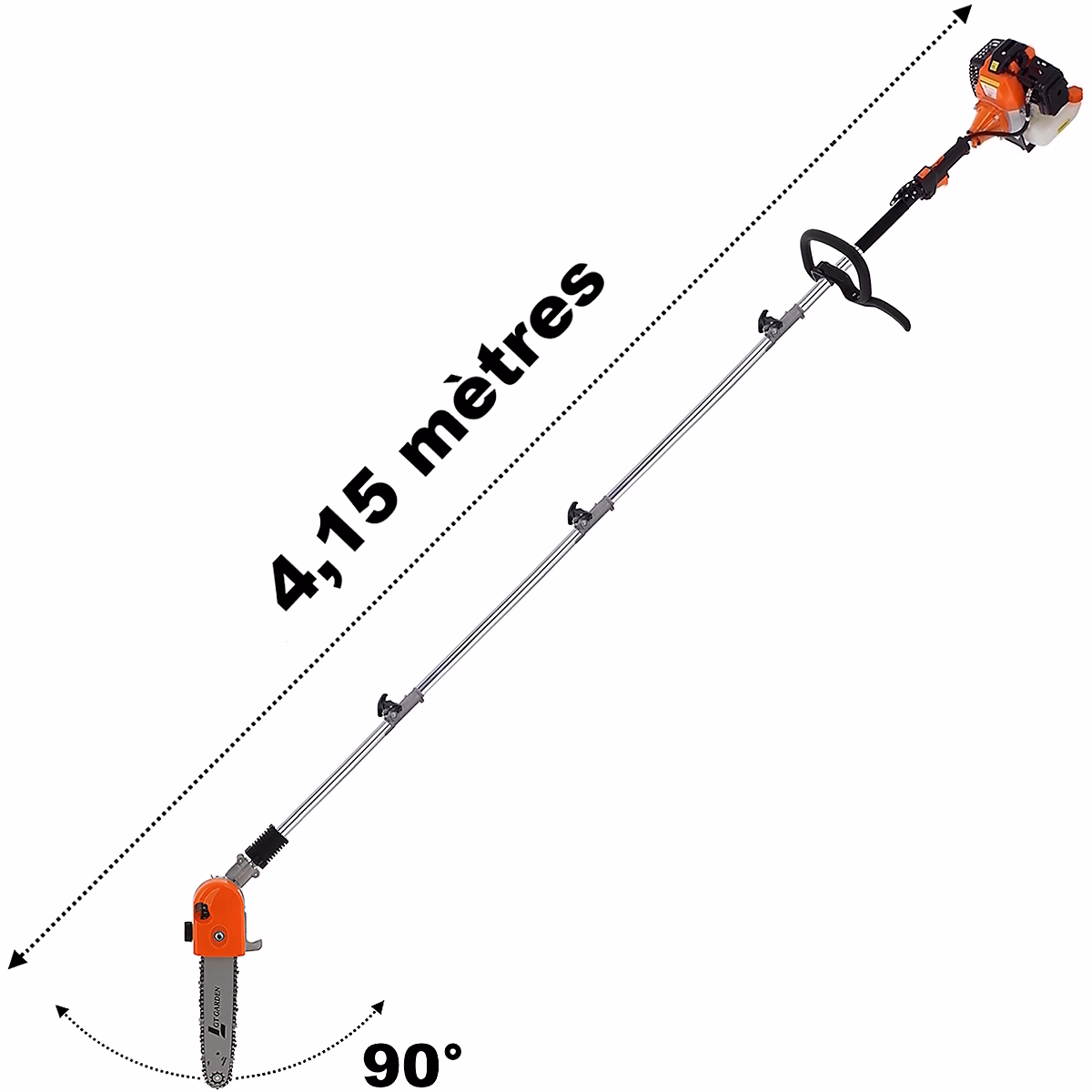 Elagueuse thermique sur perche avec tête orientable – 52 cm3, 3 CV, longueur 4.15 mètres, GT GARDEN