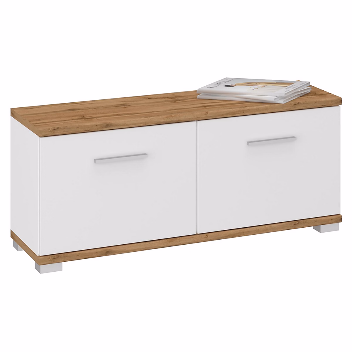 Banc et banc de table – Banc rangement à chaussures VIELLA en mélaminé couleur chêne wotan et blanc