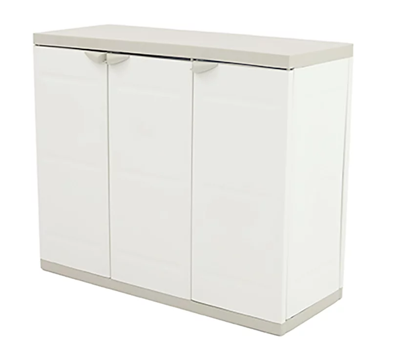 Armoire basse 3 portes intérieur/extérieur coloris beige – Longueur 105 x Profondeur 44 x Hauteur 88 cm