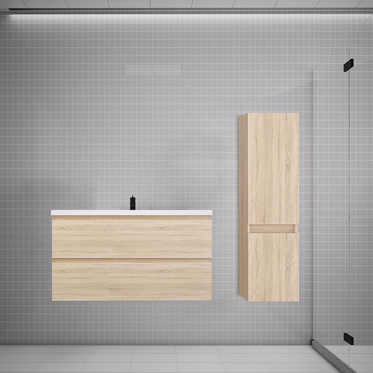 Ensemble meuble de salle de bains – Ensemble meuble vasque L.100cm chêne 2 tiroirs + lavabo + colonne easy