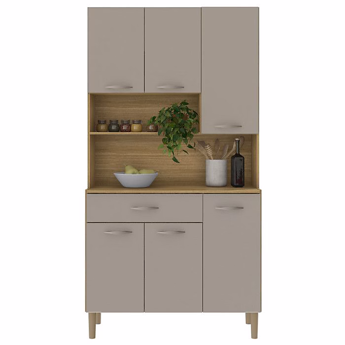 Buffet de Cuisine – APOLO, Imitation Chêne Taupe, 6 Portes, 1 Tiroir, 7 Niches