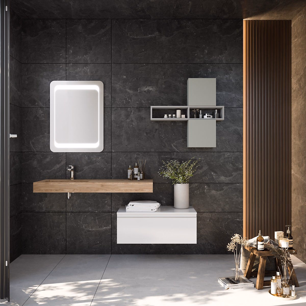 Composition De Salle De Bain Suspendue Avec Lavabo Hpl 100 Cm Et Tiroir 80 Cm – Diamante