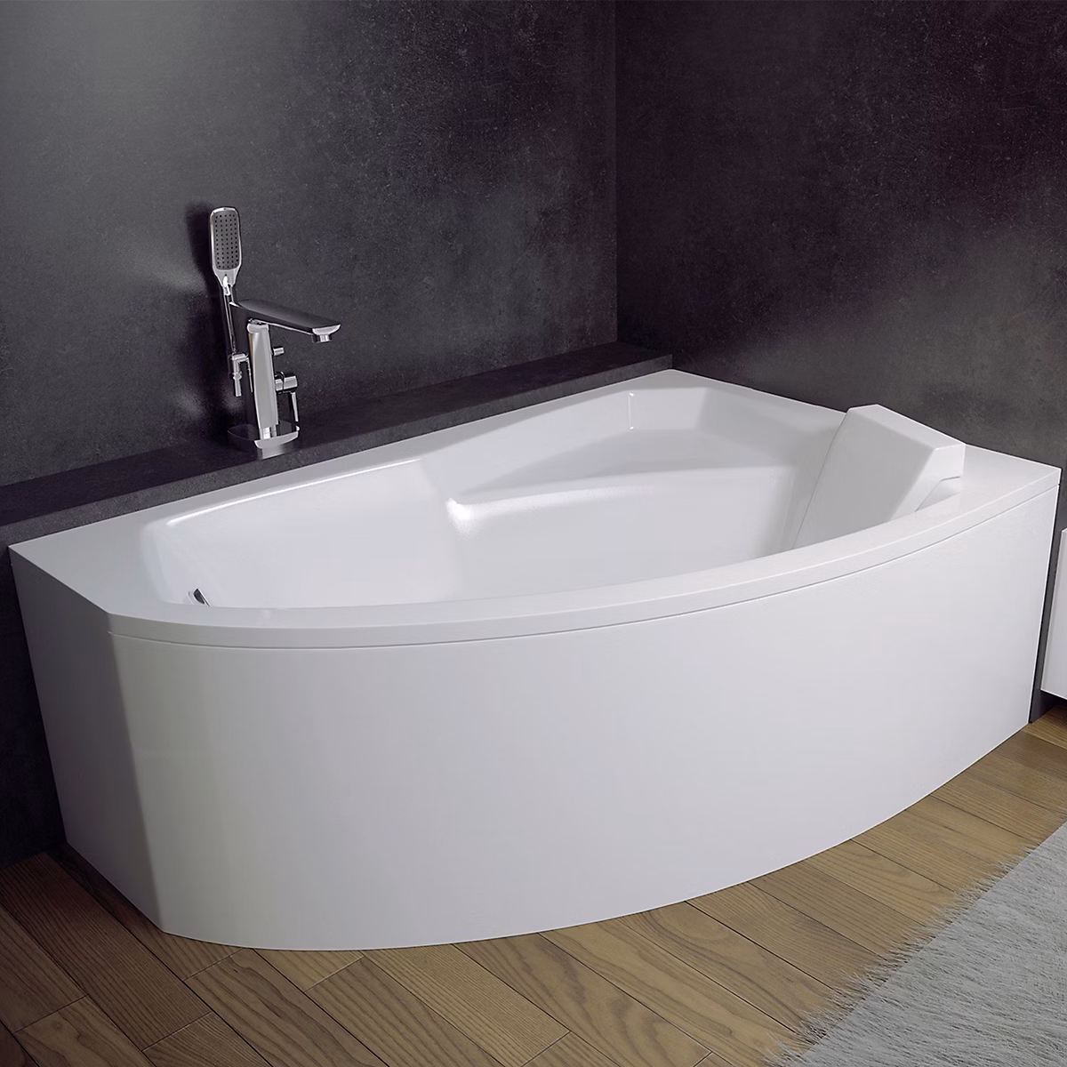 Baignoire asymétrique 170 x 110 Droite RIMA acrylique blanc + avec Tablier + Pieds + Vidage à chromé | Baignoire