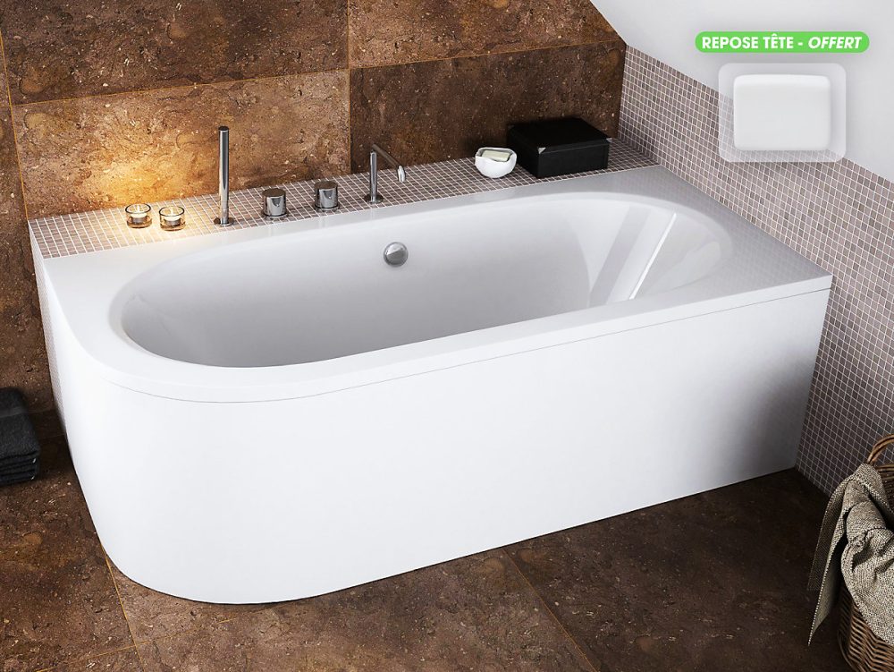 Baignoire d'angle – avec tablier blanc et repose tête offert, AVITA, 170 × 75 cm, Droite