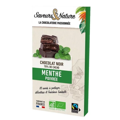 18 carrés fourrés menthe enrobés de chocolat noir bio Saveurs et Nature - 80 g