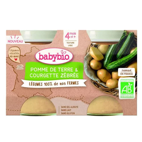 Petits pots pour bébé dès 4 mois pomme de terres et courgette zébrée Babybio Légumes de nos fermes – 2 x 130 g