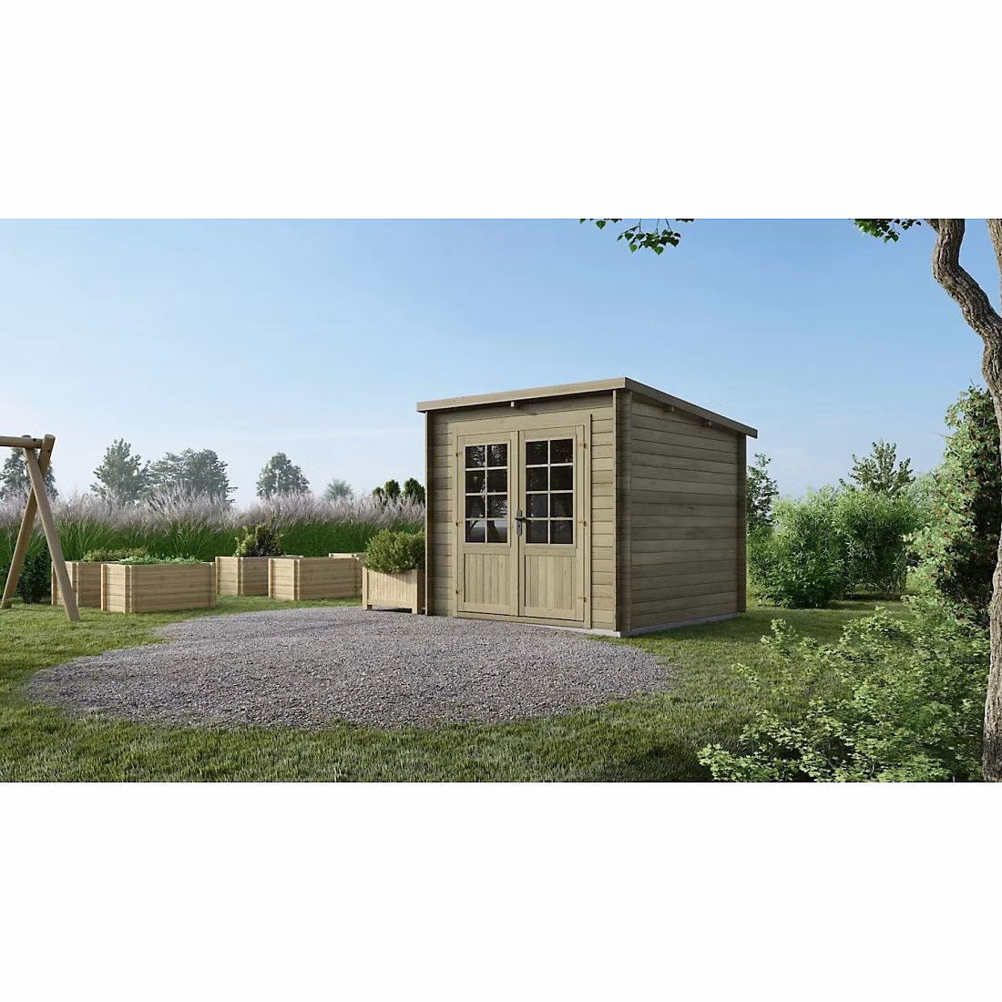 Abri de jardin en bois – 6.25m2, 2.5x2.5m, Traité, Ep. 28mm, Couleur: vert, DOM724