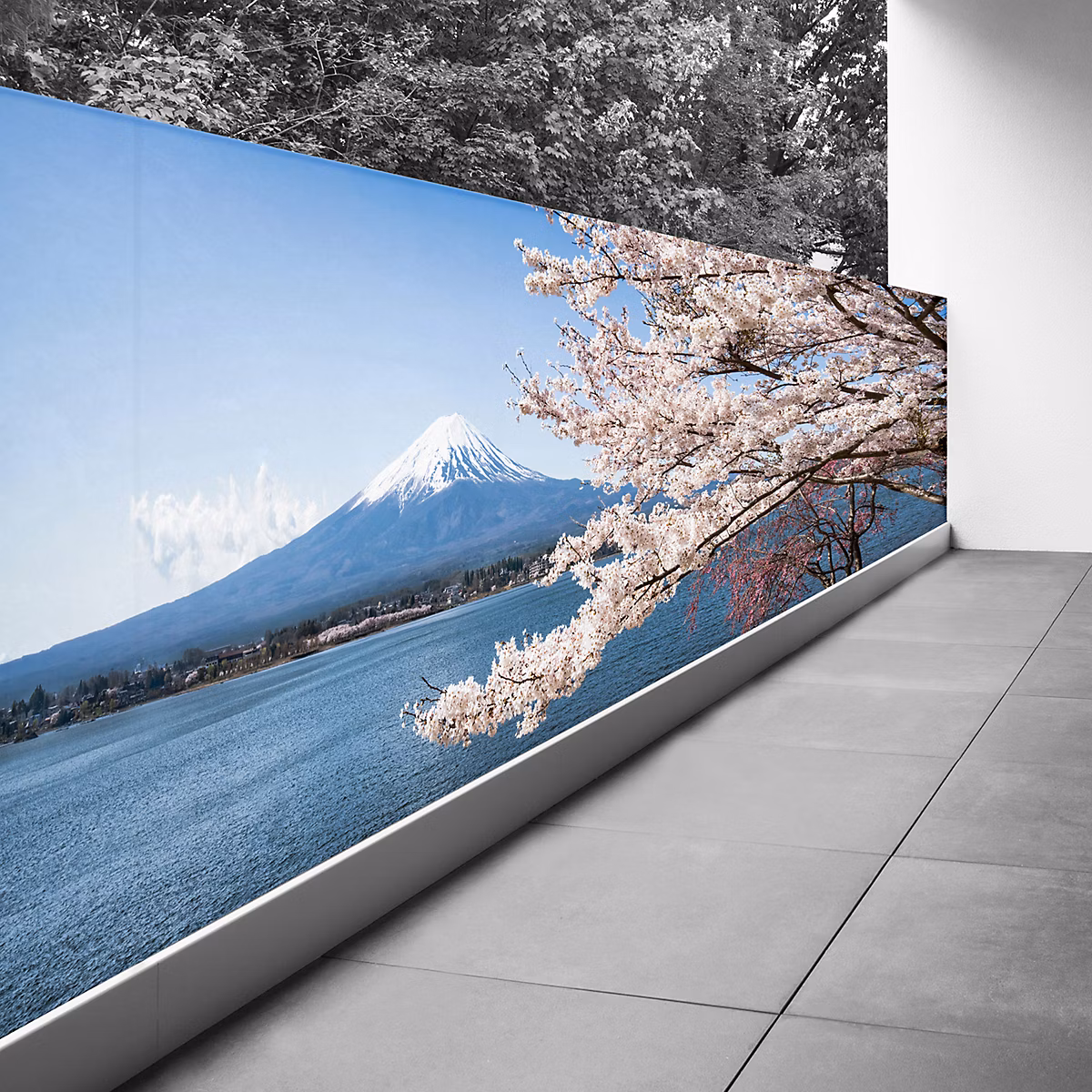 Brise vue Trompe l'oeil – 100 × 277 cm, Le Mont Fuji au bord de l'eau 3617689697178
