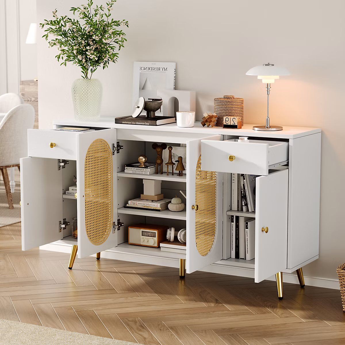 Buffet 140 cm en panneaux de particules blanc et décor bois avec 2 tiroirs – Réf. SOJXKOZEM1339427885