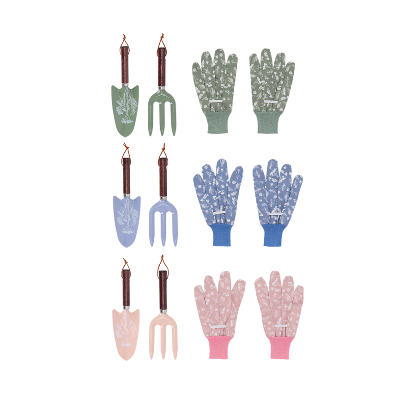 Set mini-pelle, mini-fourche et gants floraux