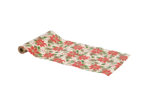 Chemin de table en polyester coloris rouge à paillettes premium Poinsettias – 30 cm x 5 cm
