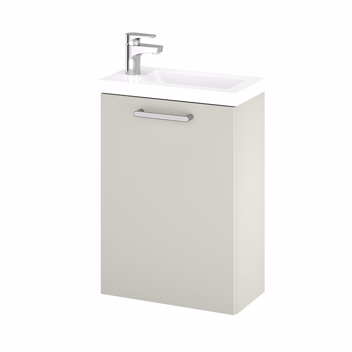 Meuble lave mains suspendu gris galet l.43 – 5 cm 1 porte Imandra + plan vasque blanc résine Beni | GoodHome