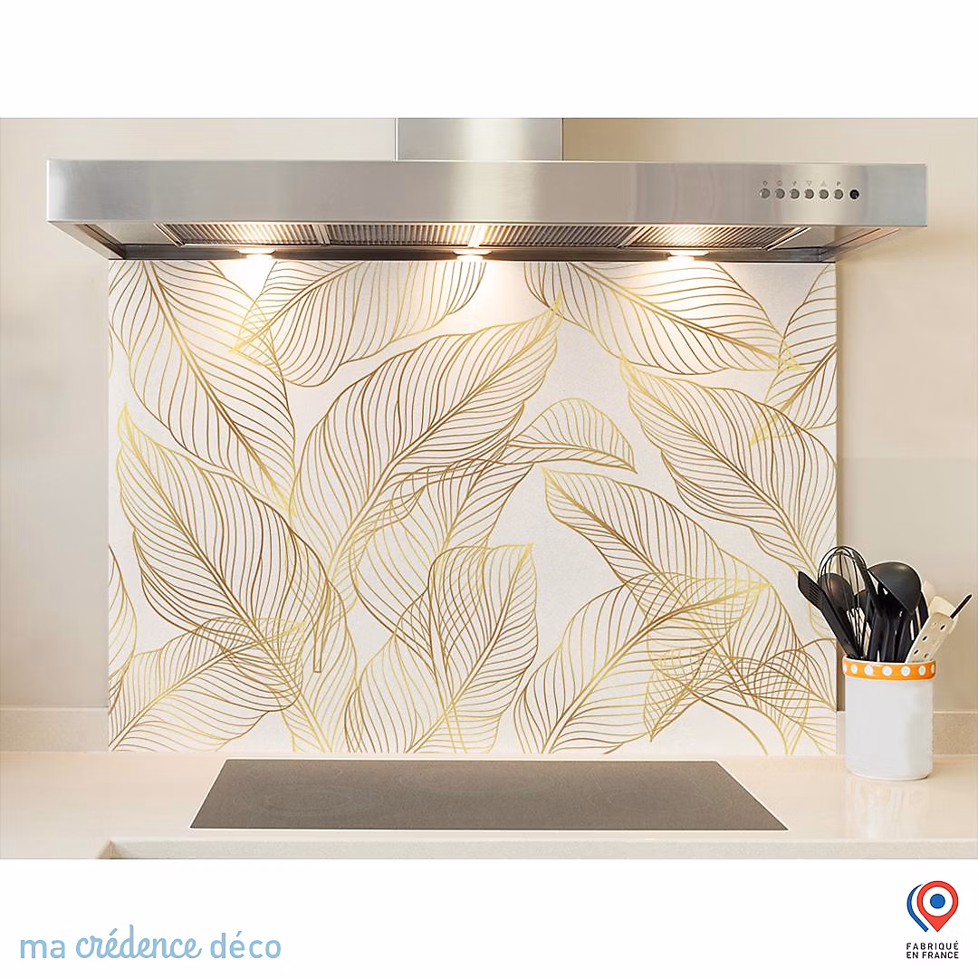 Crédence cuisine fond de hotte feuilles dorées 2 – Verre trempé | L 90 cm x H 50 cm | MaCrédenceDéco