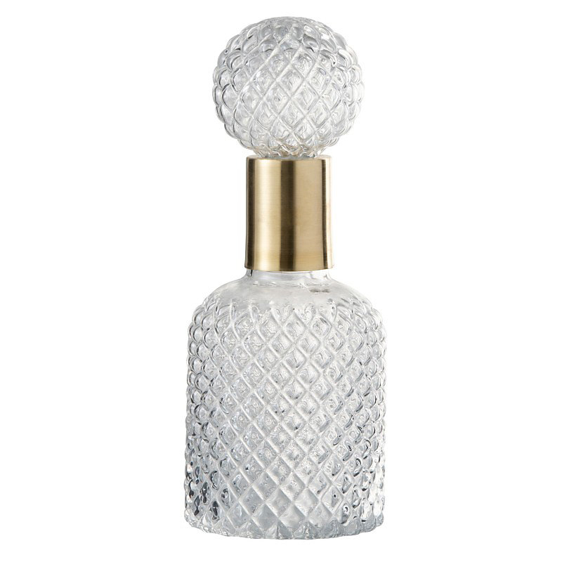 Objet décoratif – Bouteille deco verre relief avec bouchon transparent et doré 30 cm