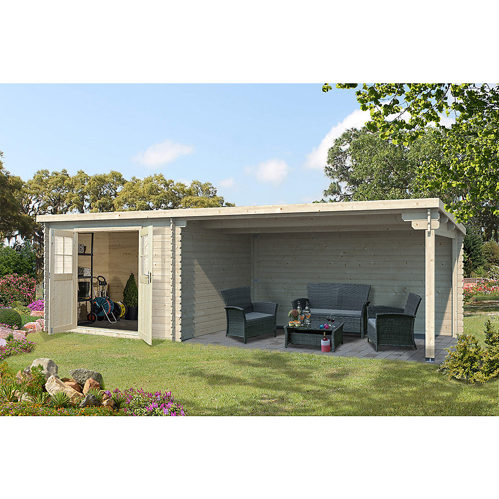 Abri de jardin en bois mono pente de 7 – 5m² avec auvent de 11m²