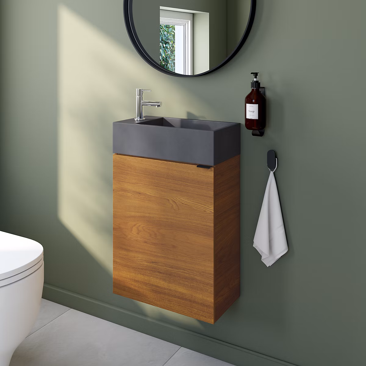 Meuble lave – mains effet noyer l.44 cm Imandra + plan vasque béton gris | GoodHome