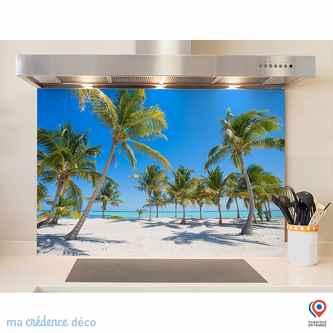 Crédence cuisine fond de hotte Plage et palmiers – Alu composite | L 60 cm x H 45 cm | MaCrédenceDéco