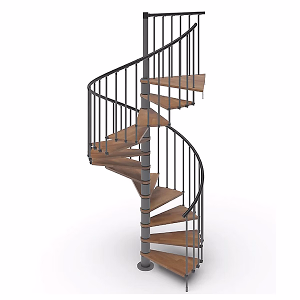 Escalier colimaçon 13 marches – Haut. à franchir 2.67 à 3.12m, Diam. 180cm, Trémie ronde, Struct. Anthracite / marches Noyer