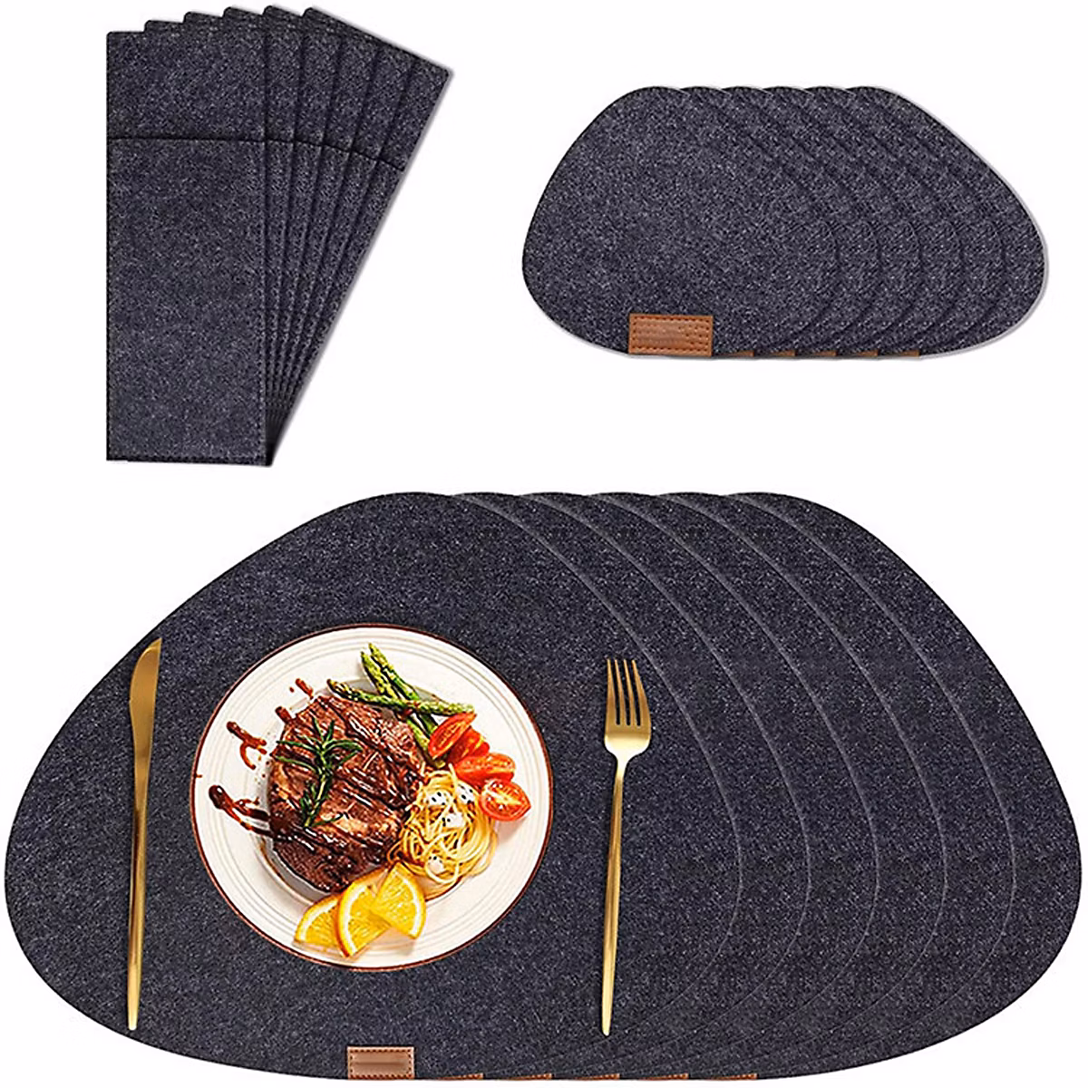 Ensemble de 18 sets de table | sous – verres et sacs de table en feutre lavables
