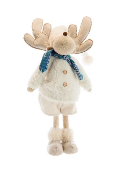 Renne debout en tissu avec manteau en peluche crème et écharpe bleue - 20 x 16 x 67 cm