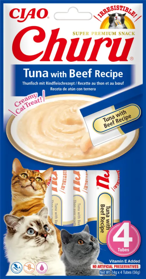 Friandise en crème pour chat thon et bœuf Inaba Ciao Churu - 4 x 14 g