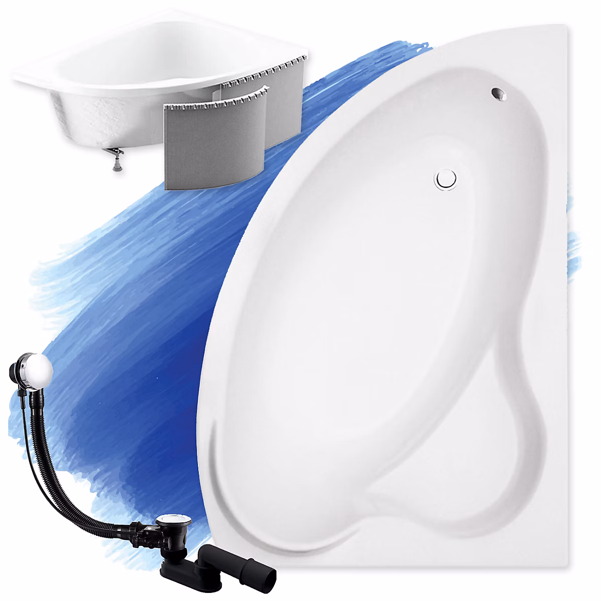 Baignoire asymétrique 160 x 100 Droite ADA acrylique blanc + Habillage en polystyrène + Pieds + Vidage à chromé | Baignoire