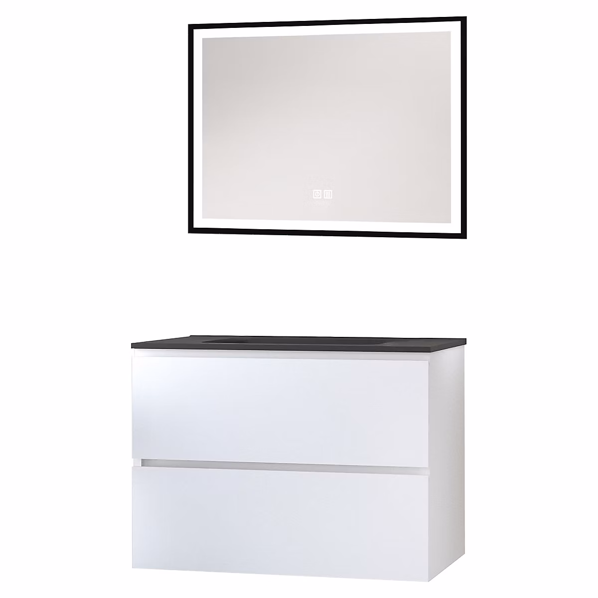 Meuble sous vasque suspendu 80 cm blanc brillant 2 tiroirs avec plan vasque noir et miroir – Ondee Trendy
