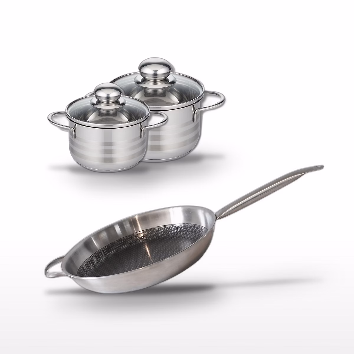 Matériel de cuisson – Batterie de cuisine avec 1 poêle 32 cm en acier et 2 faitouts 12/14 cm en inox sans PFAS Elo Collection Relief Solution Brillant