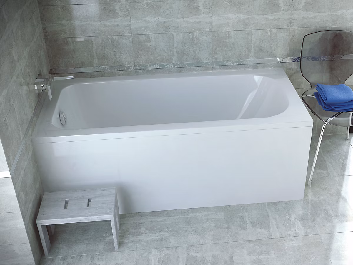 Baignoire rectangulaire 150 × 70 CONTINEA acrylique blanc + avec Tablier + Pieds + Vidage à chromé