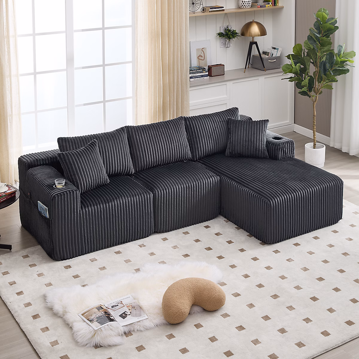 Canapé modulable 2 places avec chaiselongue 257 × 90-160 × 62 cm en velours cotele gris – 5 coussins, porte gobelets