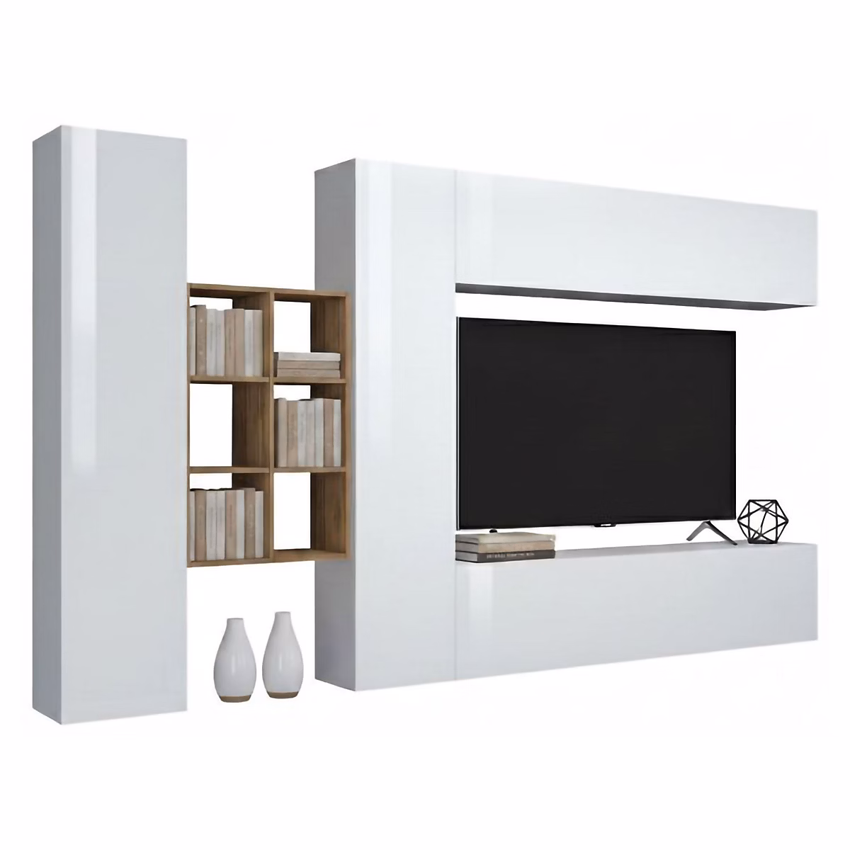 Élément mural Danilo – meuble TV 4 portes, Meuble de salon polyvalent, 100% Made in Italy, 280 × 30h180 cm, Blanc brillant et érable