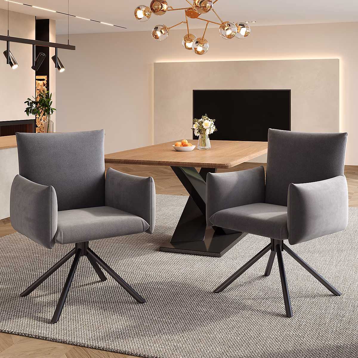 Chaises de Salle à Manger Pivotantes à 360 degrés avec Accoudoirs et Soutien Lombaire – Velours et Métal, Gris, lot de 2
