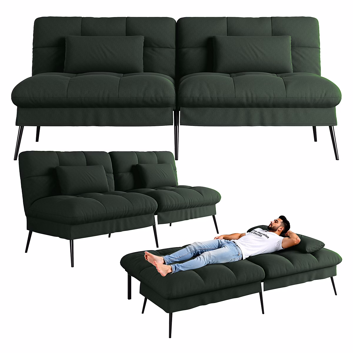 Canapé d'angle pliant multifonctionnel 3 places en forme de L – déhoussable,dossier réglable dossier réglable en Tissu Vert