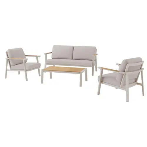 Salon de jardin en aluminium coloris crème et bois Jade - 4 éléments (canapé, table basse et deux fauteuils)