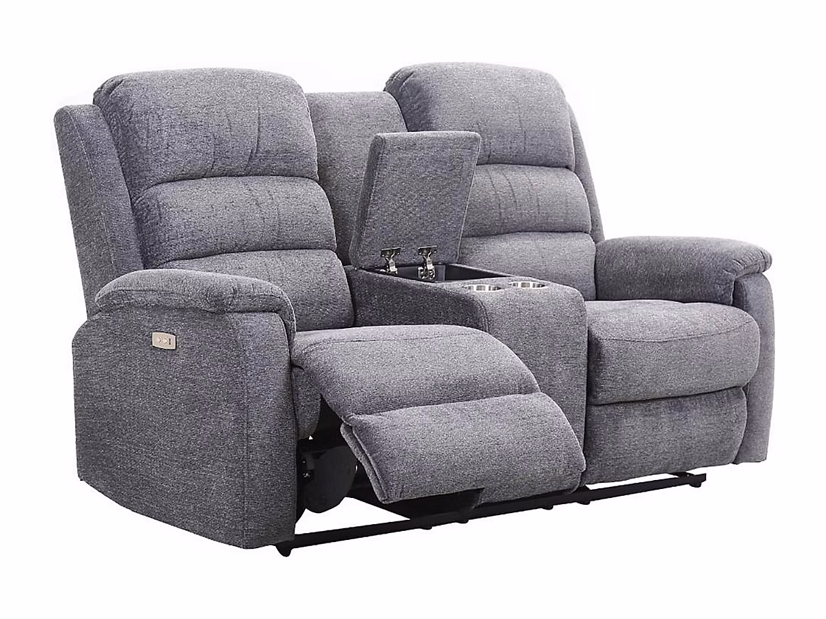Canapé 2 places relax électrique avec tablette en tissu gris NEVERS | Canapé
