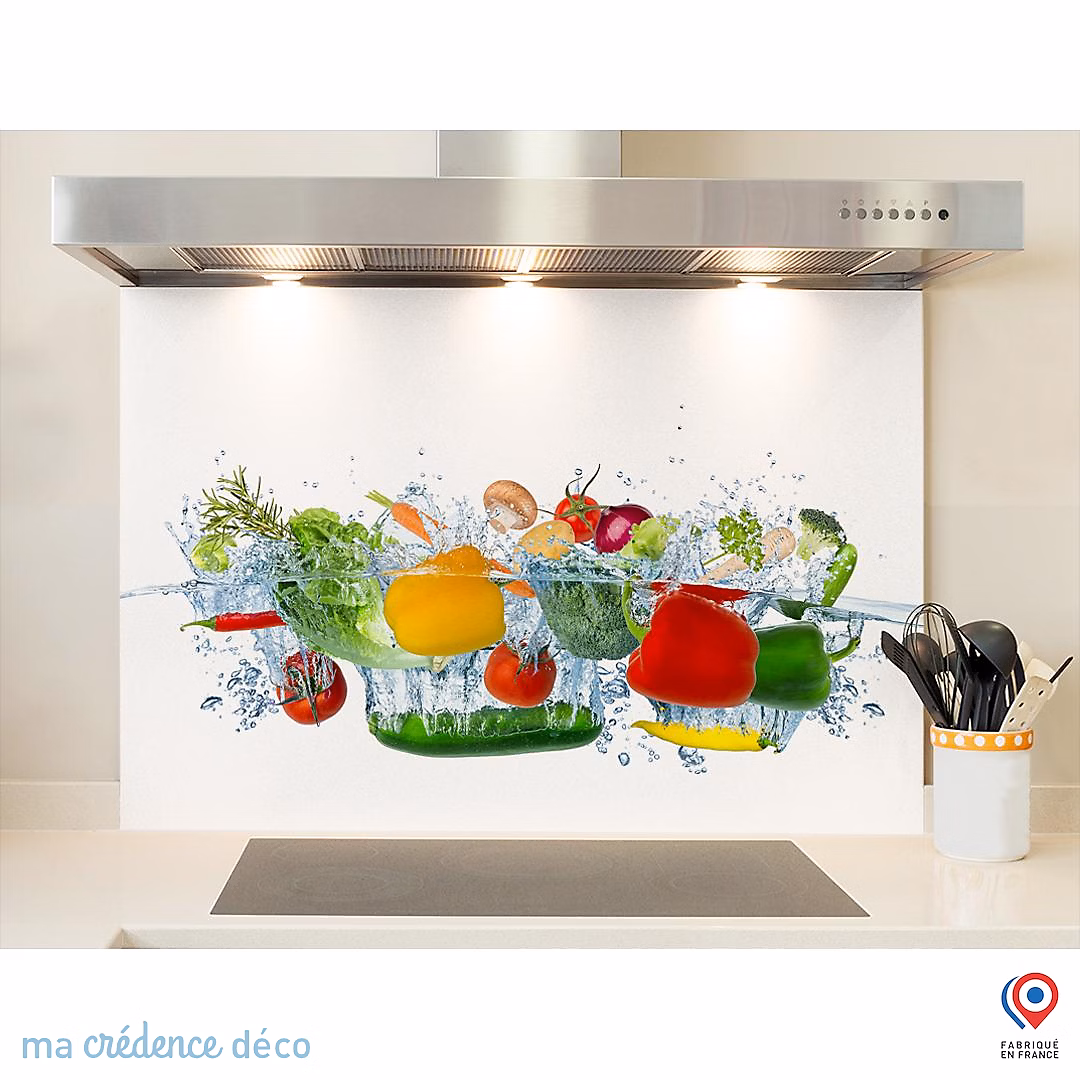 Crédence cuisine fond de hotte Bain de légumes 2 – Verre trempé, L 90 cm x H 60 cm, MaCrédenceDéco