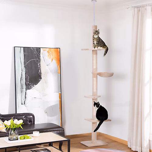 Arbre à chat PawHut plafond réglable 230 – 260 cm beige avec plateformes et poteaux à griffer