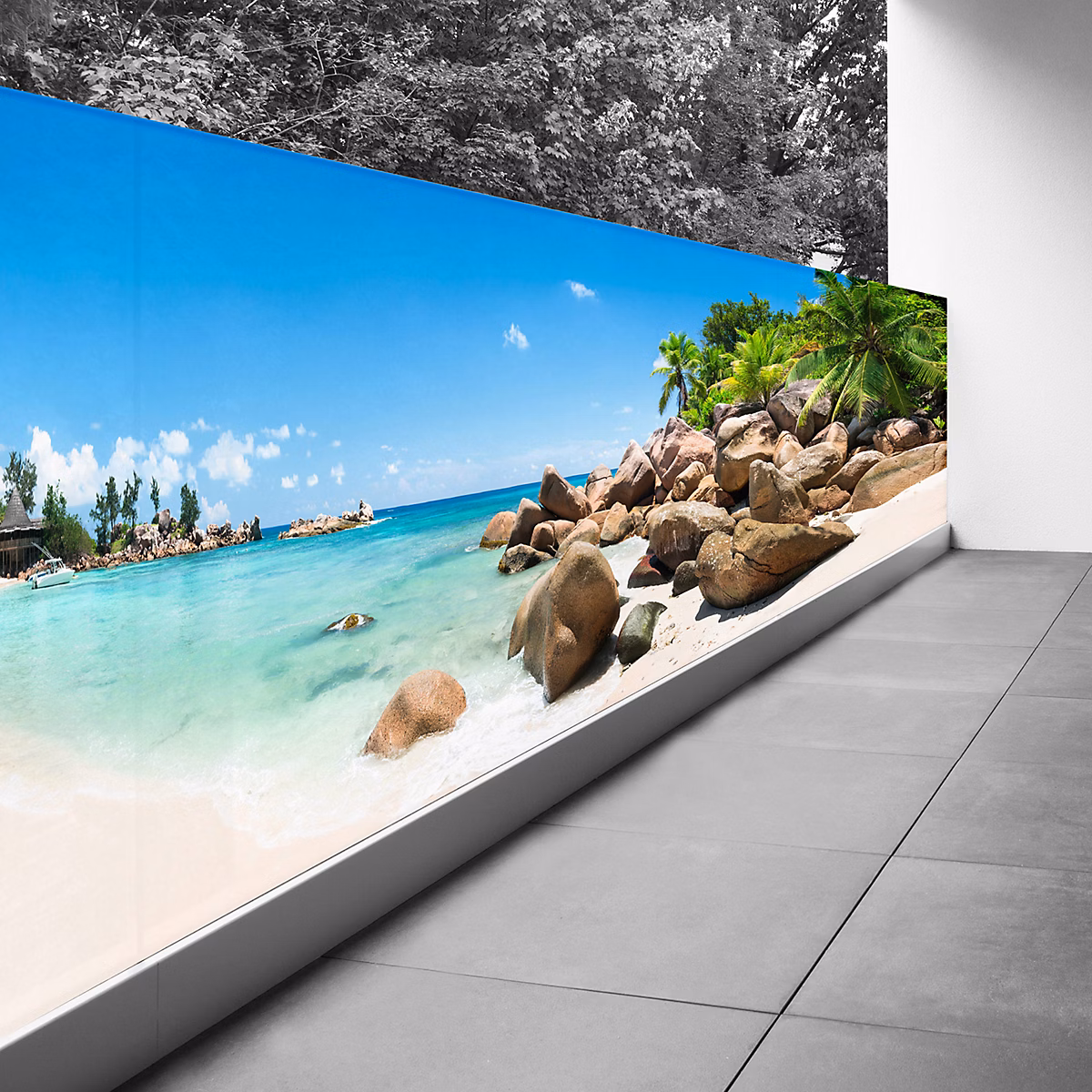 Brise vue Trompe l'oeil | 130 × 520 cm – Vue plage mer palmiers 3617689692760