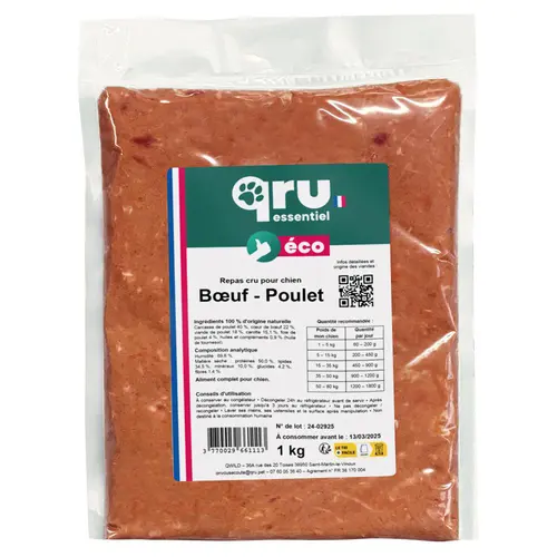 Aliment cru pour chien repas bœuf Qru Essentiel congelé - 1 kg